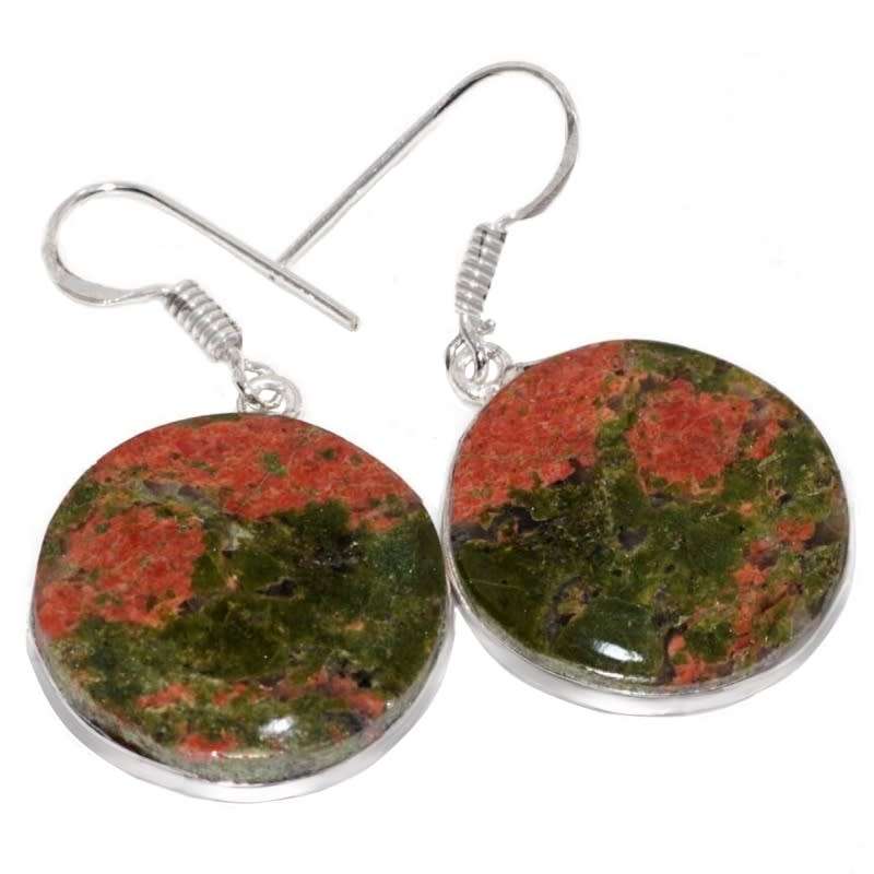 Natural Unakite Round Gemstones Set in .925 Sterling Silver Plated Handmade Earrings
