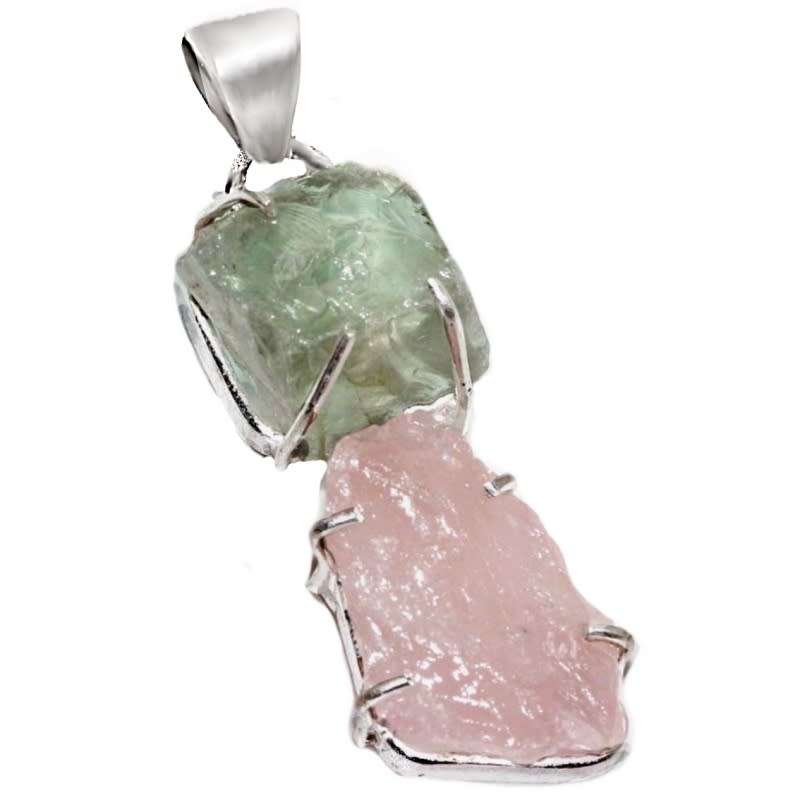 Handmade Natural Rough Rose Quartz and Green Amethyst Gemstone 925 Sterling Silver Plated Pendant
