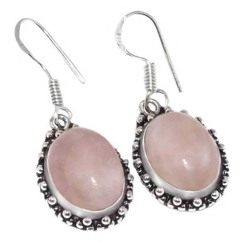 Natural Pink Rose Quartz Oval Gemstone Antique Style in Silver Plated Earrings