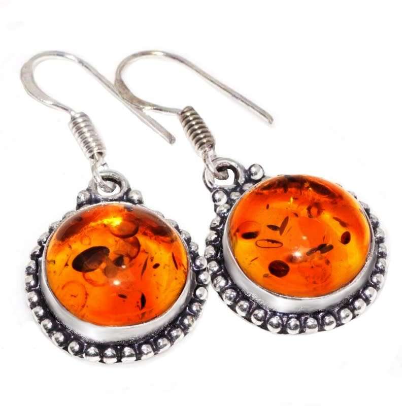 Pressed Amber Round Shape set In .925  Sterling Silver Plated Handmade Earrings