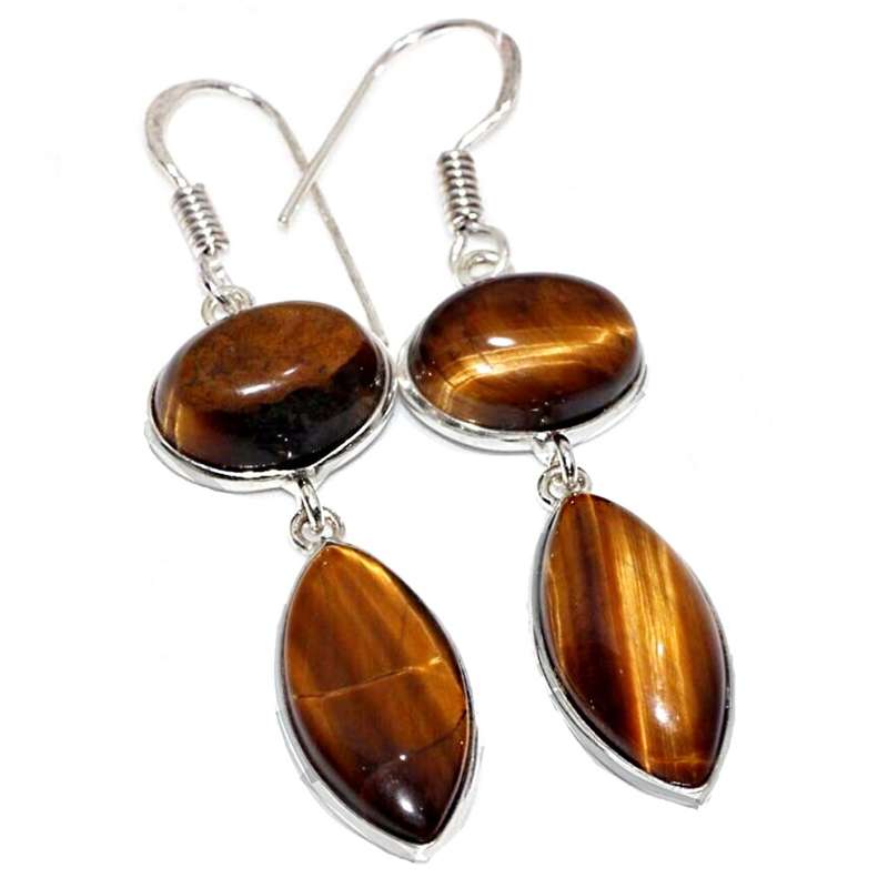 Natural Tigers Eye Mixed Shape Gemstones set in .925 Sterling Silver Plated Handmade Earrings