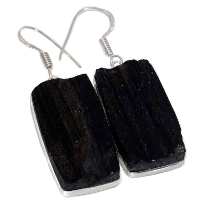Natural Black Tourmaline Rough Rectangle Gemstone set in  .925 Sterling Silver Plated Earrings