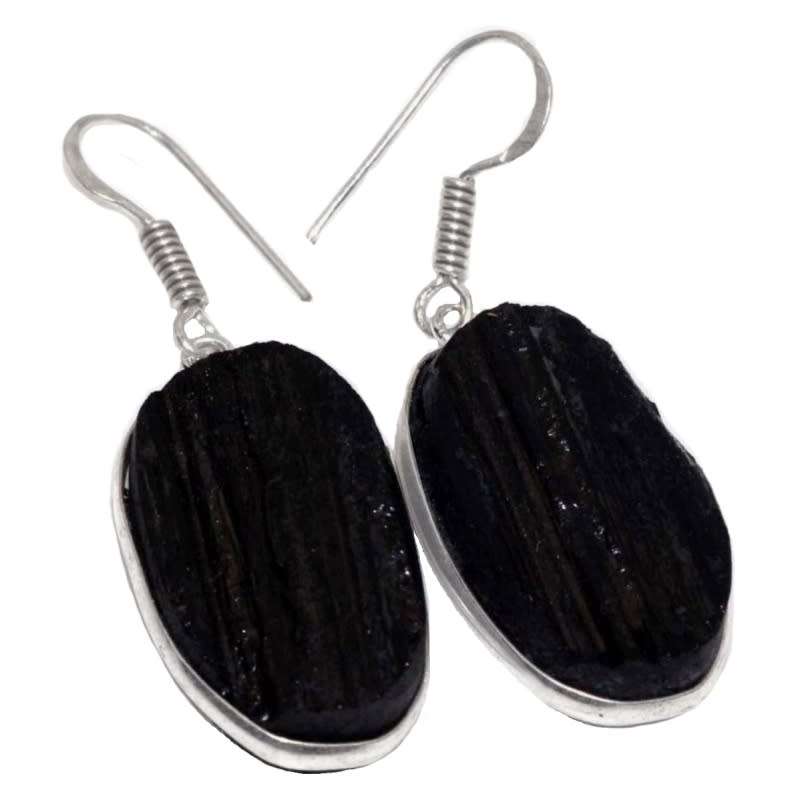 Natural Black Tourmaline Rough Rectangle Gemstone set in .925 Sterling Silver Plated Earrings