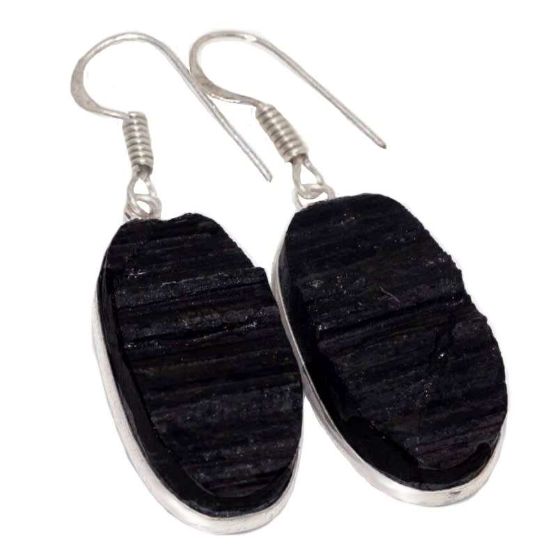 Natural Rough Black Tourmaline Oval Gemstone .925 Sterling Silver Pendant