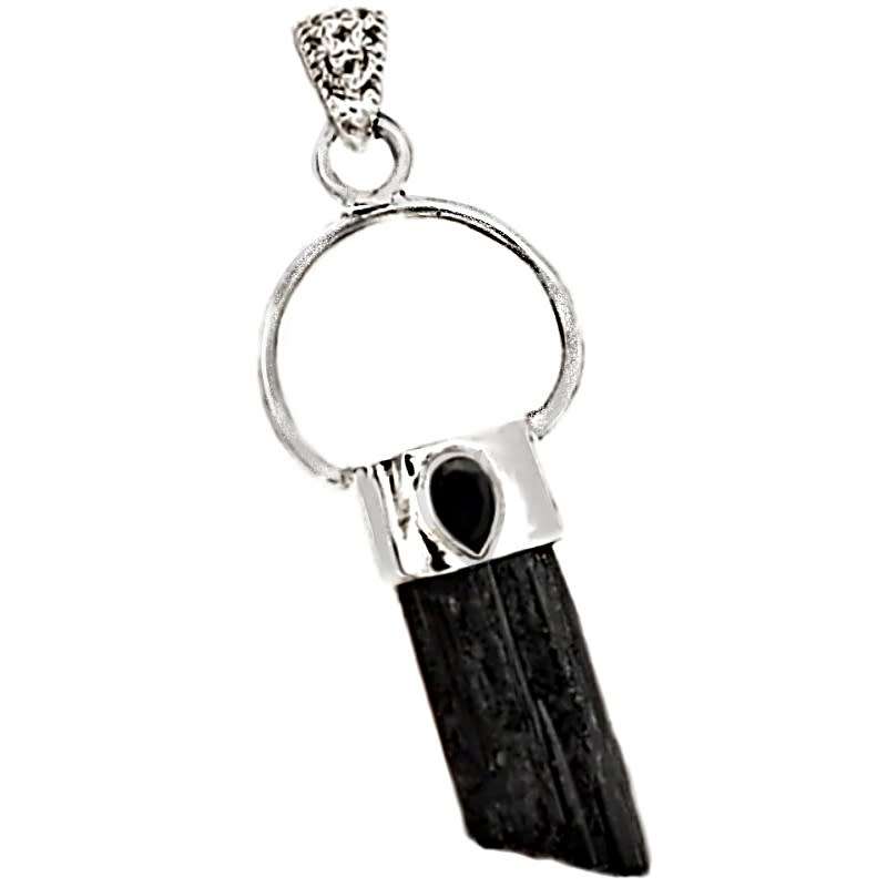 Natural Black Tourmaline Rough and Black Onyx Gemstone Solid .925 Sterling Silver Pendant