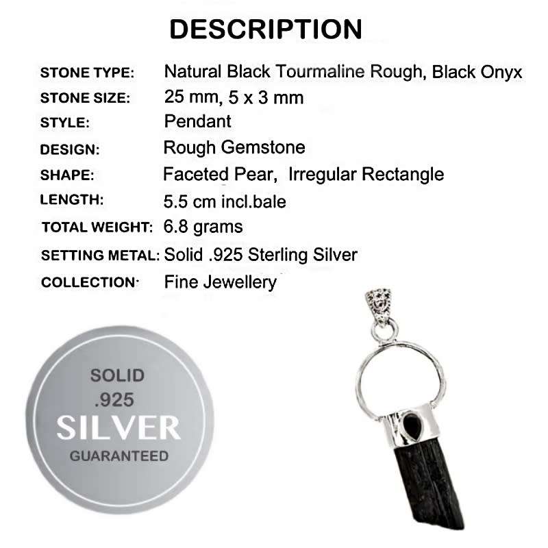 Natural Black Tourmaline Rough and Black Onyx Gemstone Solid .925 Sterling Silver Pendant