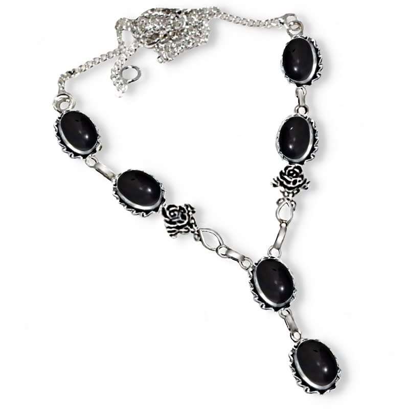 Pretty Rose Detail Natural Black Onyx Gemstone .925 Sterling Silver Plated Handmade Necklace