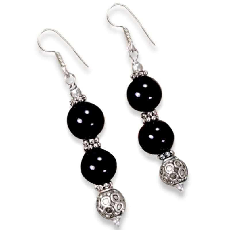 Natural Black Onyx Round Gemstone set in 925 Sterling Silver Plated Antique Style Earrings