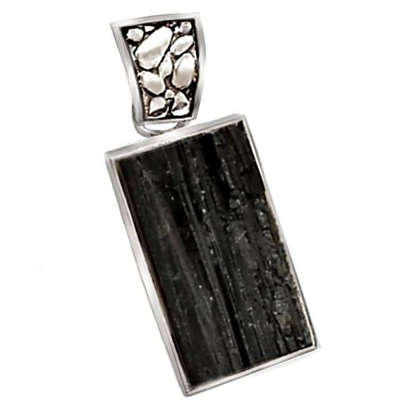 Natural Black Tourmaline Rough Gemstone set in  Solid .925 Sterling Silver Pendant