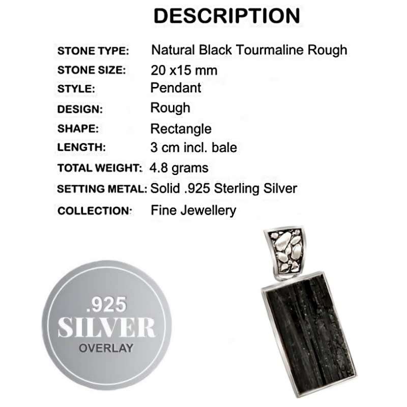 Natural Black Tourmaline Rough Gemstone set in  Solid .925 Sterling Silver Pendant
