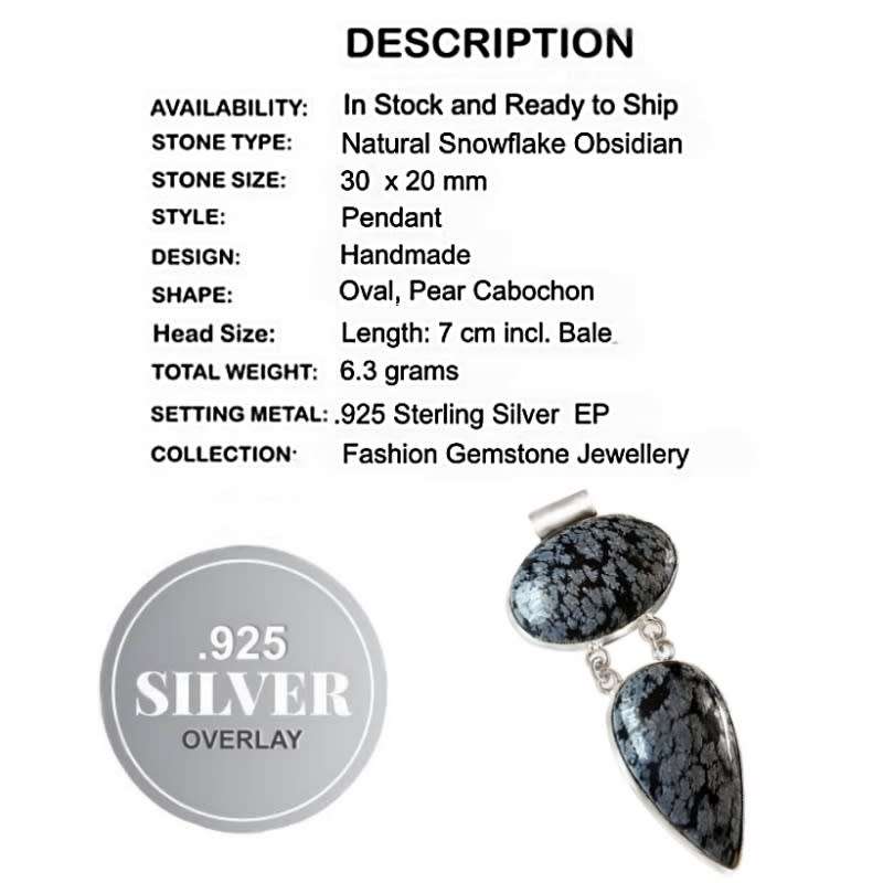 Natural Snowflake Obsidian Mixed Shapes set in .925 Sterling Silver Plated Handmade Pendant