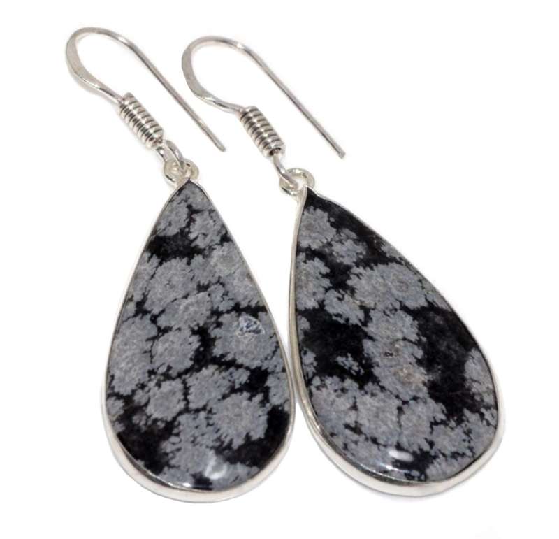 Natural Snowflake Obsidian Pear Shape Gemstone .925 Sterling Silver Plated Handmade Earrings