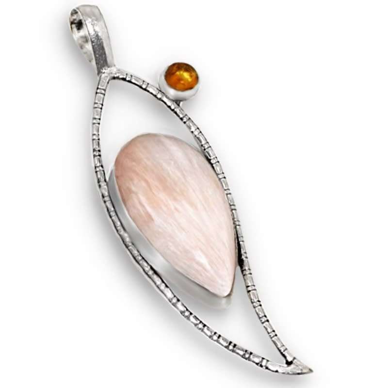 Iceland - Natural Scolecite Crystal Gemstone .925 Sterling Silver Plated Leaf Shape Pendant