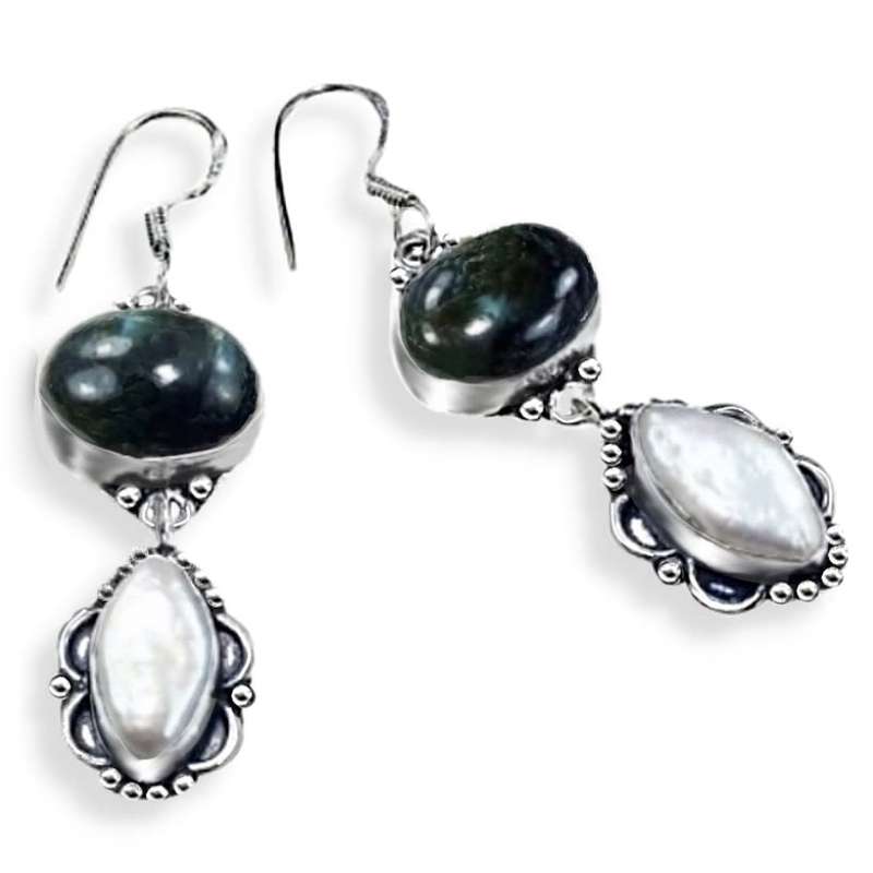 Natural Fiery Labradorite and Biwa Pearl set in . 925 Sterling Silver Plated Antique Style Earrings