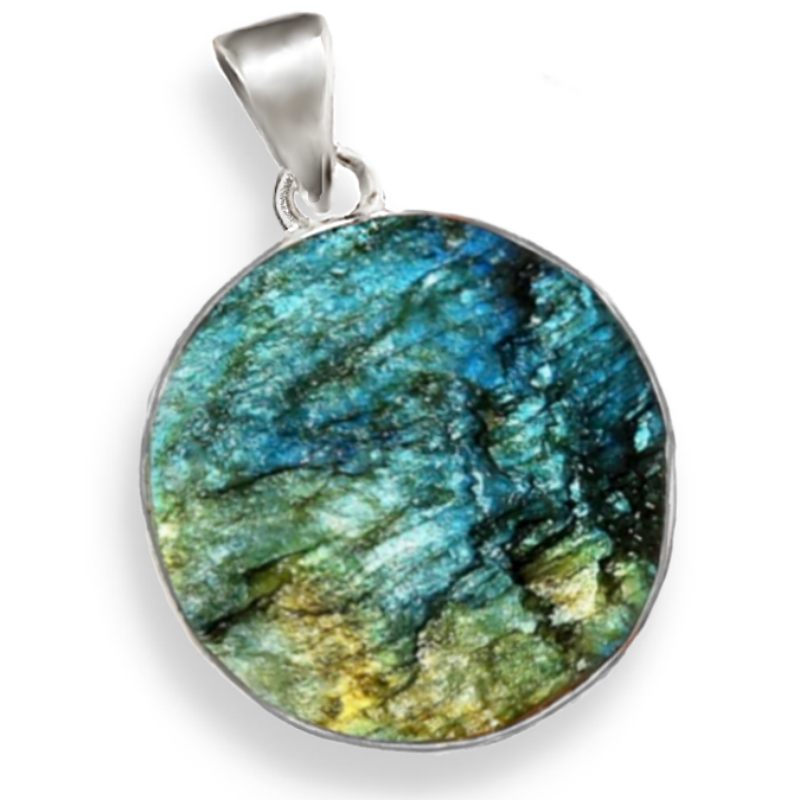Natural Blue Fire Rough Labradorite Round Gemstone set in Solid .925 Sterling Silver Pendant
