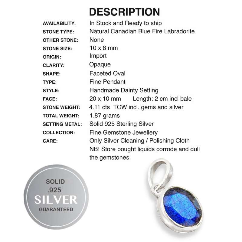 Natural Canadian Blue Fire Labradorite Oval Gemstone set in Solid .925 Silver Sterling Pendant