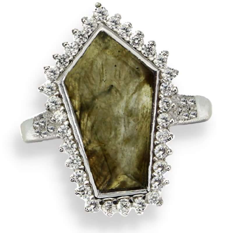 Deluxe Natural Unheated Labradorite AAA White CZ Solid .925 Silver 14K White Gold Ring Size US 9