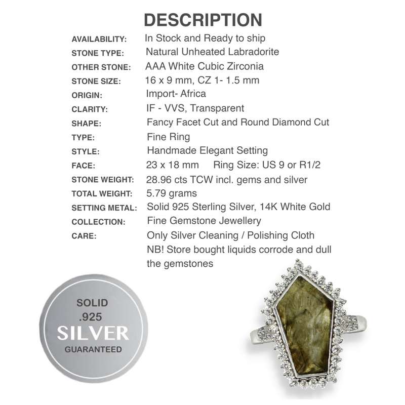 Deluxe Natural Unheated Labradorite AAA White CZ Solid .925 Silver 14K White Gold Ring Size US 9