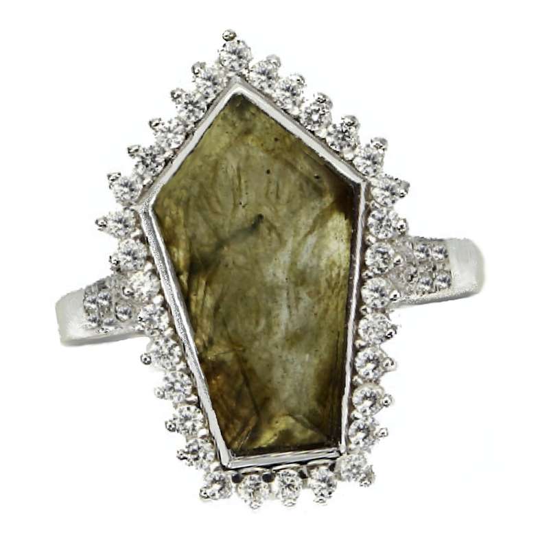 Deluxe Natural Unheated Labradorite AAA White CZ Solid .925 Silver 14K White Gold Ring Size US 9