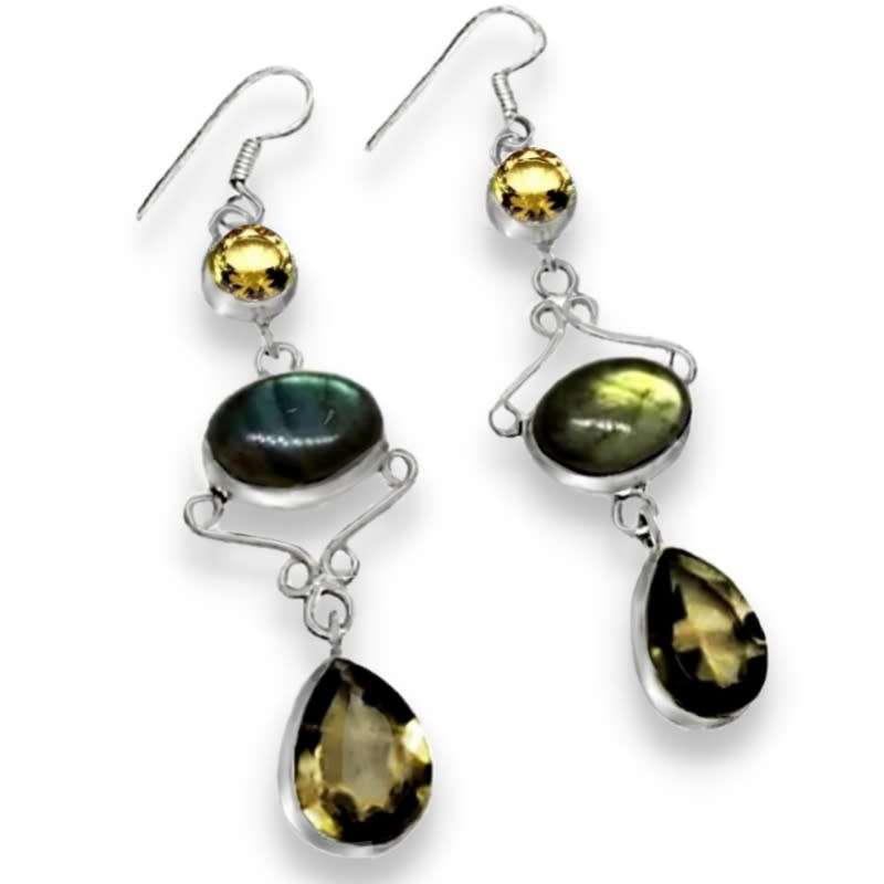 Natural Labradorite, Citrine, Smoky Topaz  Gemstones in .925 Sterling Silver Plated Long Earrings