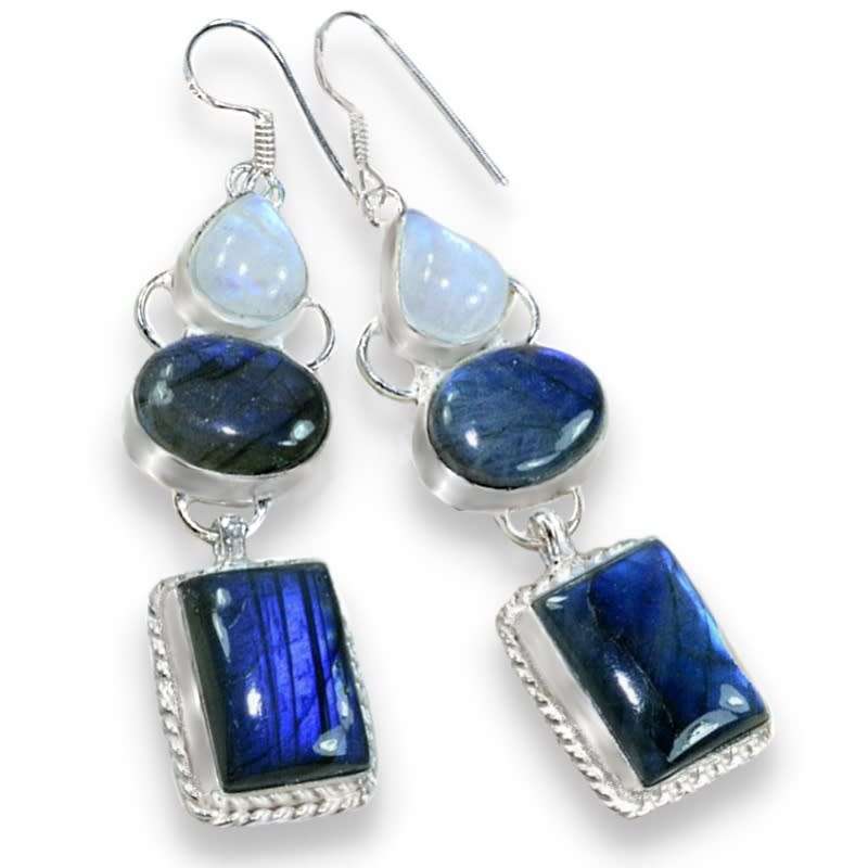 Natural Blue Fire Labradorite, Rainbow Moonstone Long . 925 Sterling Silver Earrings