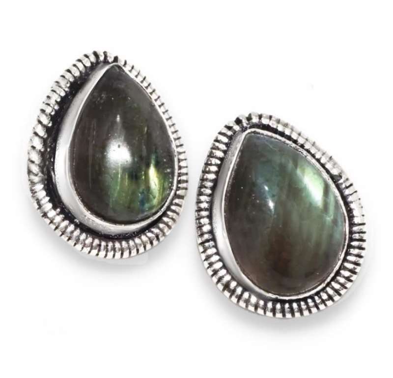 Natural Fiery Labradorite Pear Gemstone set in .925 Sterling Silver Plated Handmade Stud Earrings
