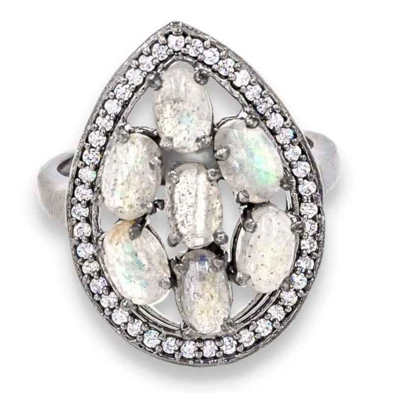 Natural Unheated Labradorite and White CZ  set in Solid .925 Sterling Silver Ring Size US 8 / Q