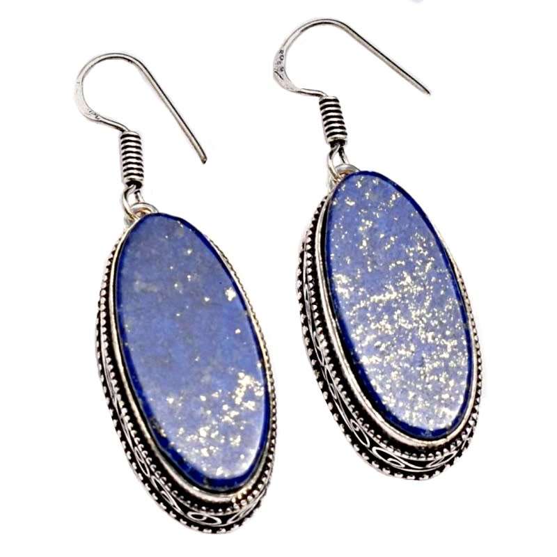Handmade Natural Lapis Lazuli Oval Shape Gemstone .925 Sterling Silver Plated Earrings