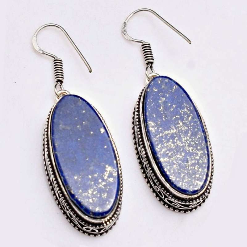 Handmade Natural Lapis Lazuli Oval Shape Gemstone .925 Sterling Silver Plated Earrings