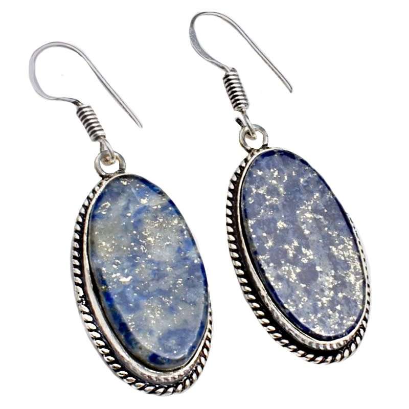 Natural Lapis Lazuli Oval Shape Gemstone .925 Sterling Silver Plated Handmade Earrings