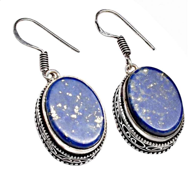 Handmade Natural Oval Lapis Lazuli Gemstone .925 Sterling Silver Plated Handmade Earrings