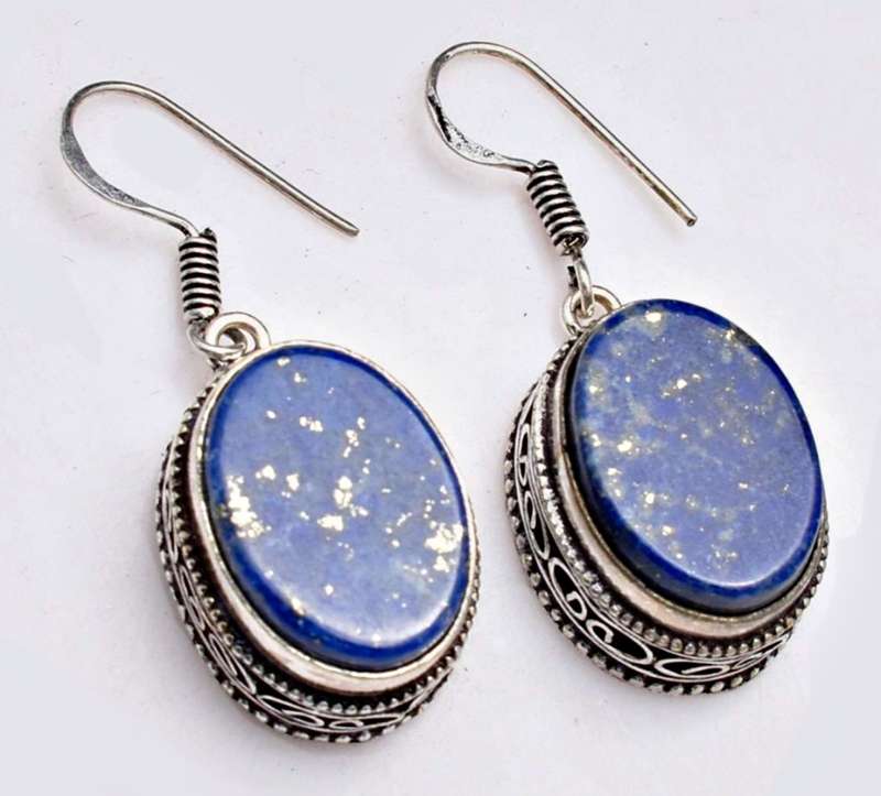 Handmade Natural Oval Lapis Lazuli Gemstone .925 Sterling Silver Plated Handmade Earrings