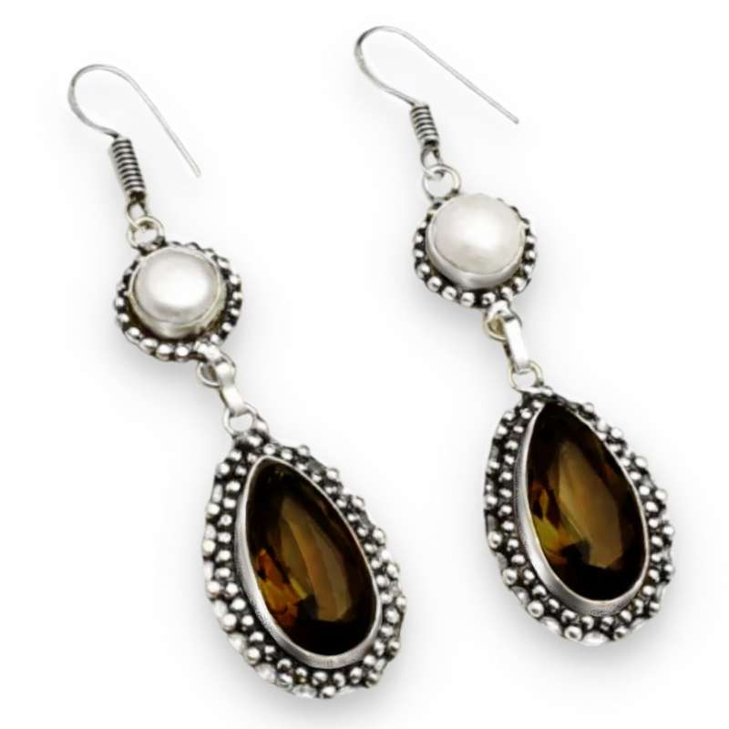 Handmade Smoky Topaz Pear and White River Pearl Gemstone 925 Silver Plated Dangle Earrings