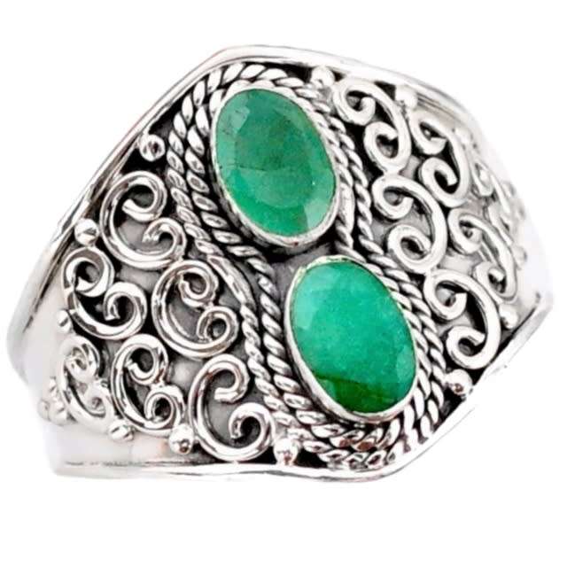 Natural Indian Emerald Oval Gemstones set in Solid .925 Silver Ring Size US9 or UKR 1/2
