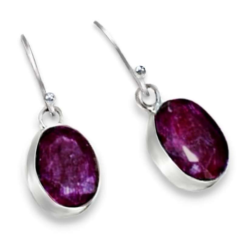 Handmade Indian Cherry Ruby Oval Set in .925 Sterling Silver Plated Dainty Earrings