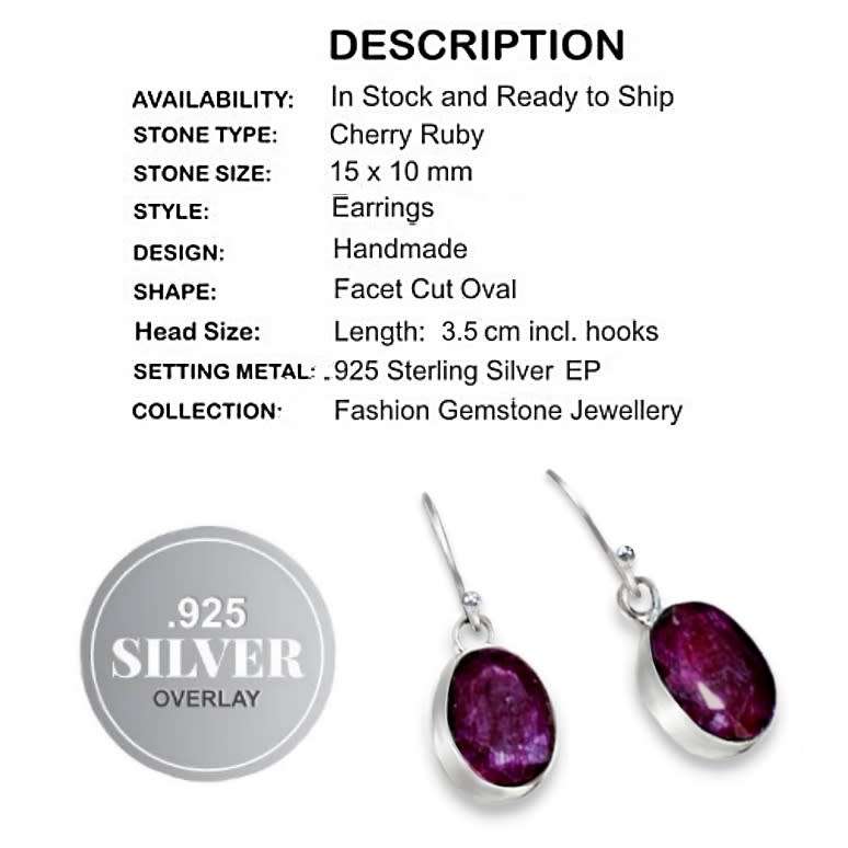 Handmade Indian Cherry Ruby Oval Set in .925 Sterling Silver Plated Dainty Earrings