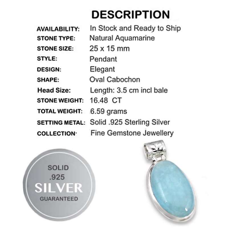 Natural Aquamarine Oval Gemstone set in Solid 925 Sterling Silver Antique Style Pendant