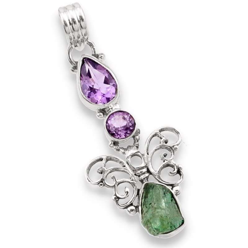 Natural Aquamarine Rough, Amethyst Gemstone Solid .925 Sterling Silver Pendant
