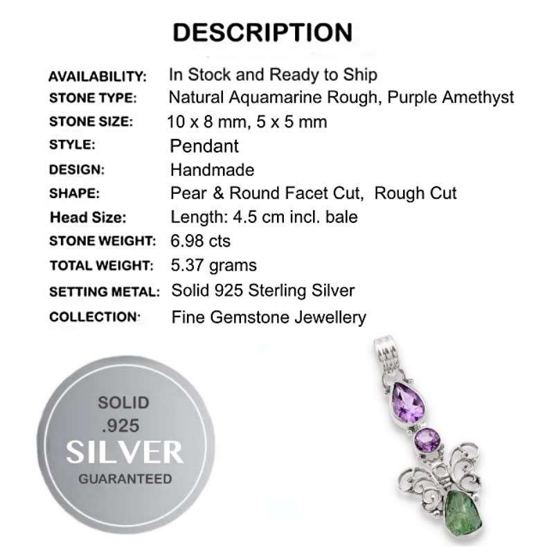 Natural Aquamarine Rough, Amethyst Gemstone Solid .925 Sterling Silver Pendant