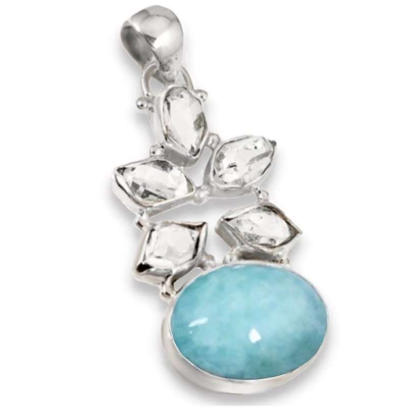 Natural Aquamarine, Herkimer Diamond Gemstone set in Solid .925 Sterling Silver Pendant