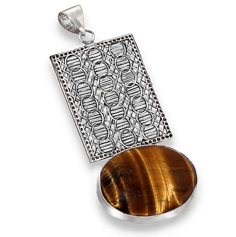Natural Tigers Eye Oval Gemstone set in Ornate .925  Sterling Silver Plated  Handmade Pendant