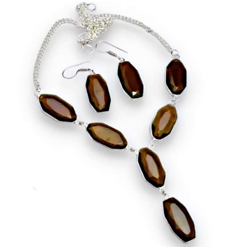 Natural Smoky Quartz Geometric Gemstones .925 Sterling Silver Plated Necklace and Earrings Set