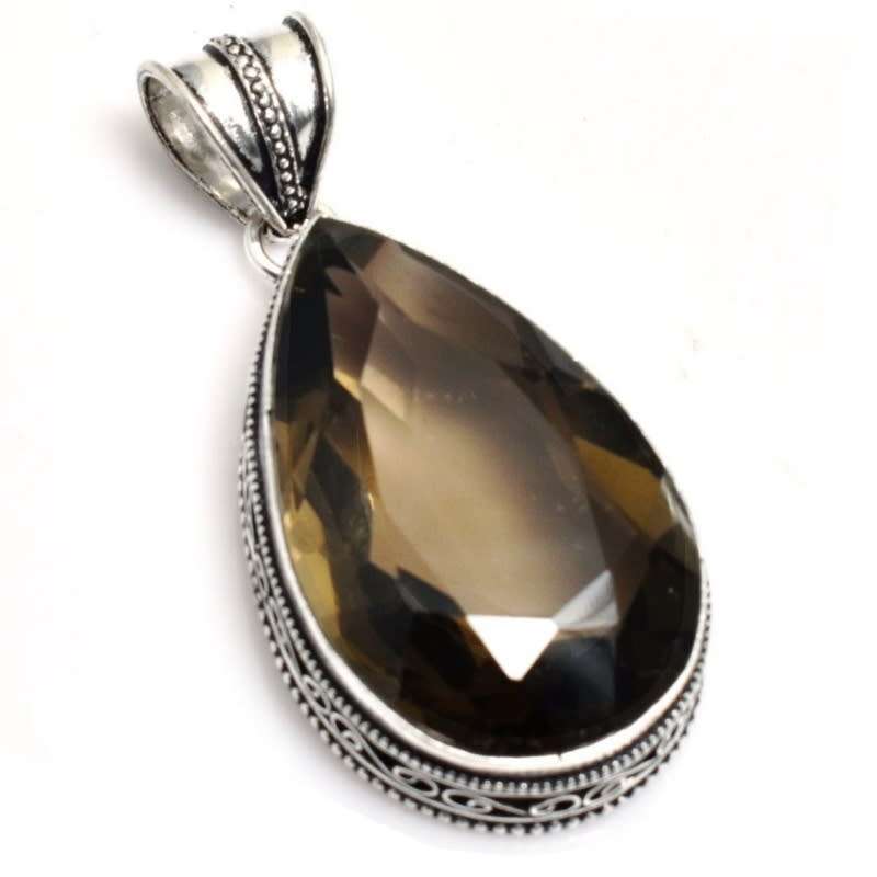 Smoky Topaz Pear Shape Gemstone  in.925 Sterling Silver Plated Antique Style Handmade Pendant