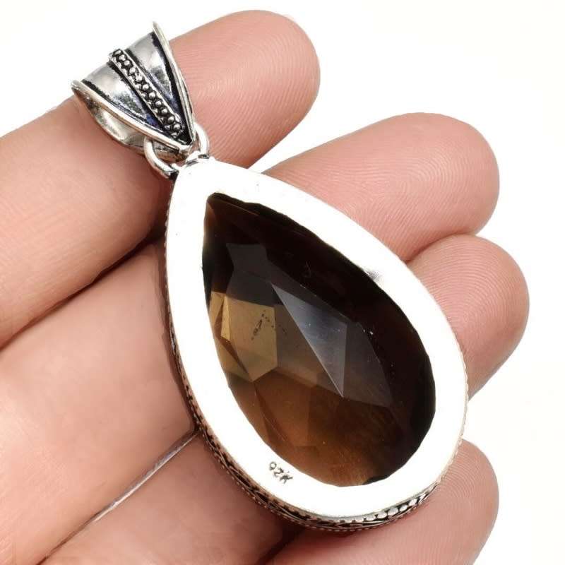 Smoky Topaz Pear Shape Gemstone  in.925 Sterling Silver Plated Antique Style Handmade Pendant