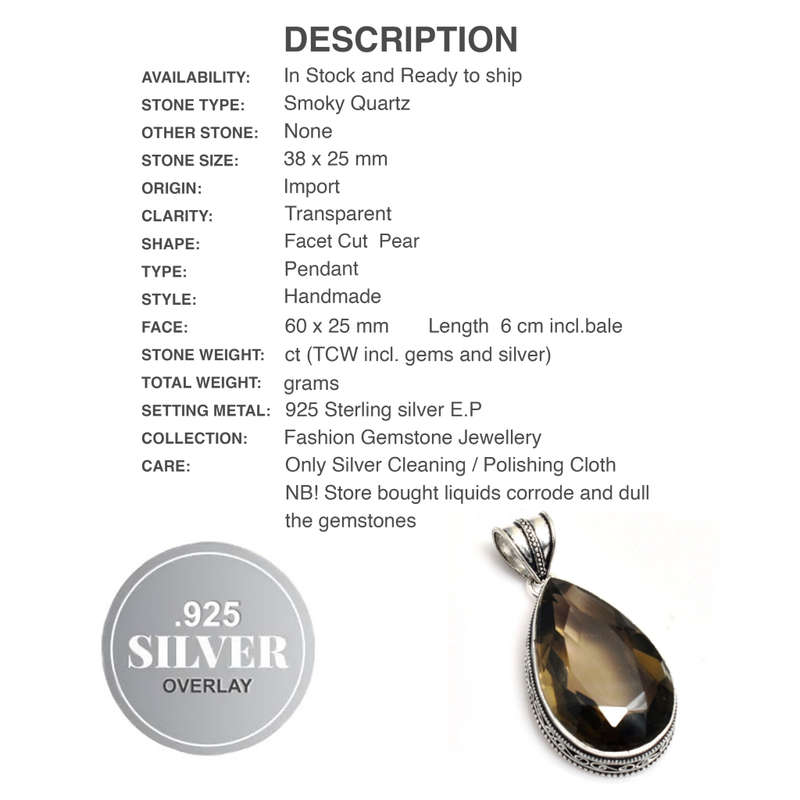 Smoky Topaz Pear Shape Gemstone  in.925 Sterling Silver Plated Antique Style Handmade Pendant