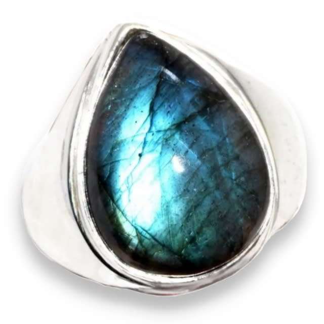 Natural Blue Fire Labradorite Pear Gemstone set in .925 Sterling Silver Ring Size US 8 / Q