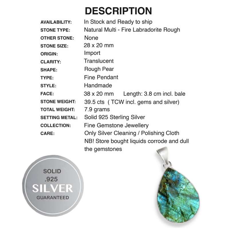 Natural Blue Fire Rough Labradorite Pear Gemstone set in Solid .925 Silver Sterling Pendant