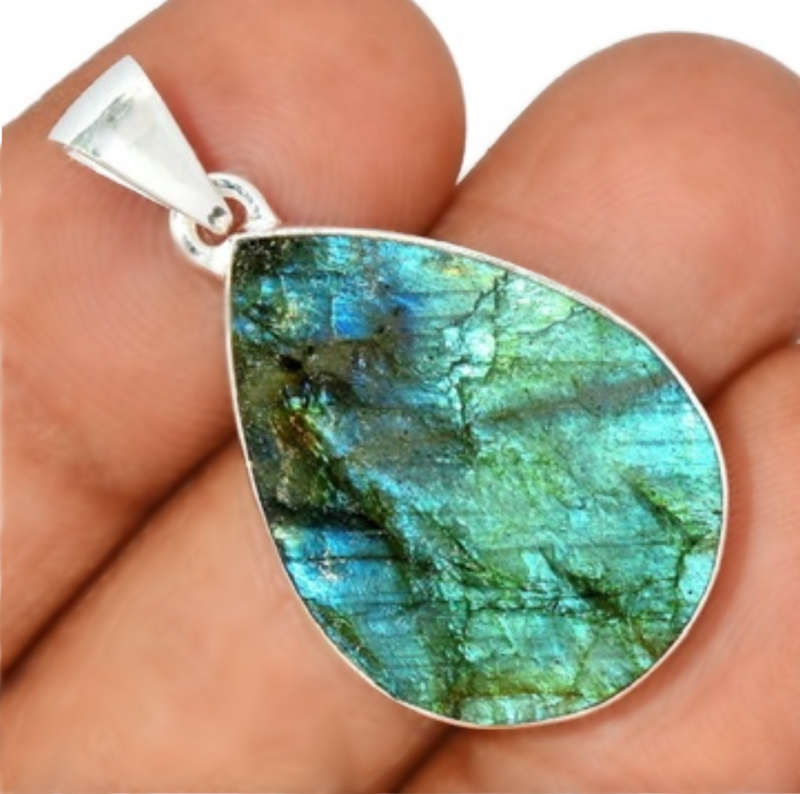Natural Blue Fire Rough Labradorite Pear Gemstone set in Solid .925 Silver Sterling Pendant