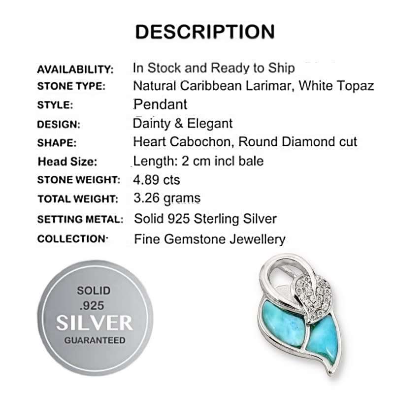 Natural Caribbean Larimar White Topaz Gemstones set in Solid .925 Sterling Silver Heart Pendant