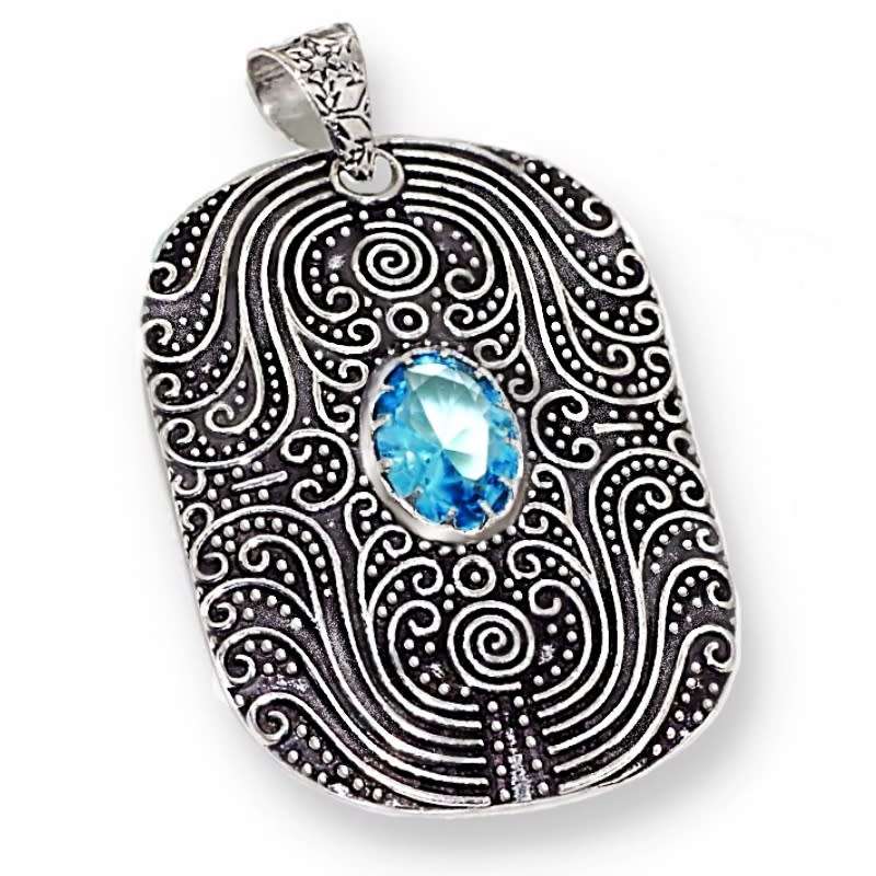 Antique Style Swiss Blue Topaz set in .925 Sterling Silver Plated Handmade Pendant